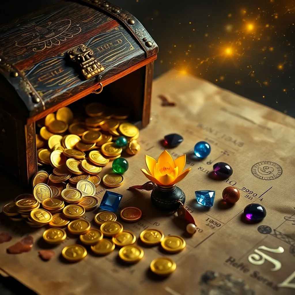 Bodegón de un cofre antiguo con rollos y monedas de oro