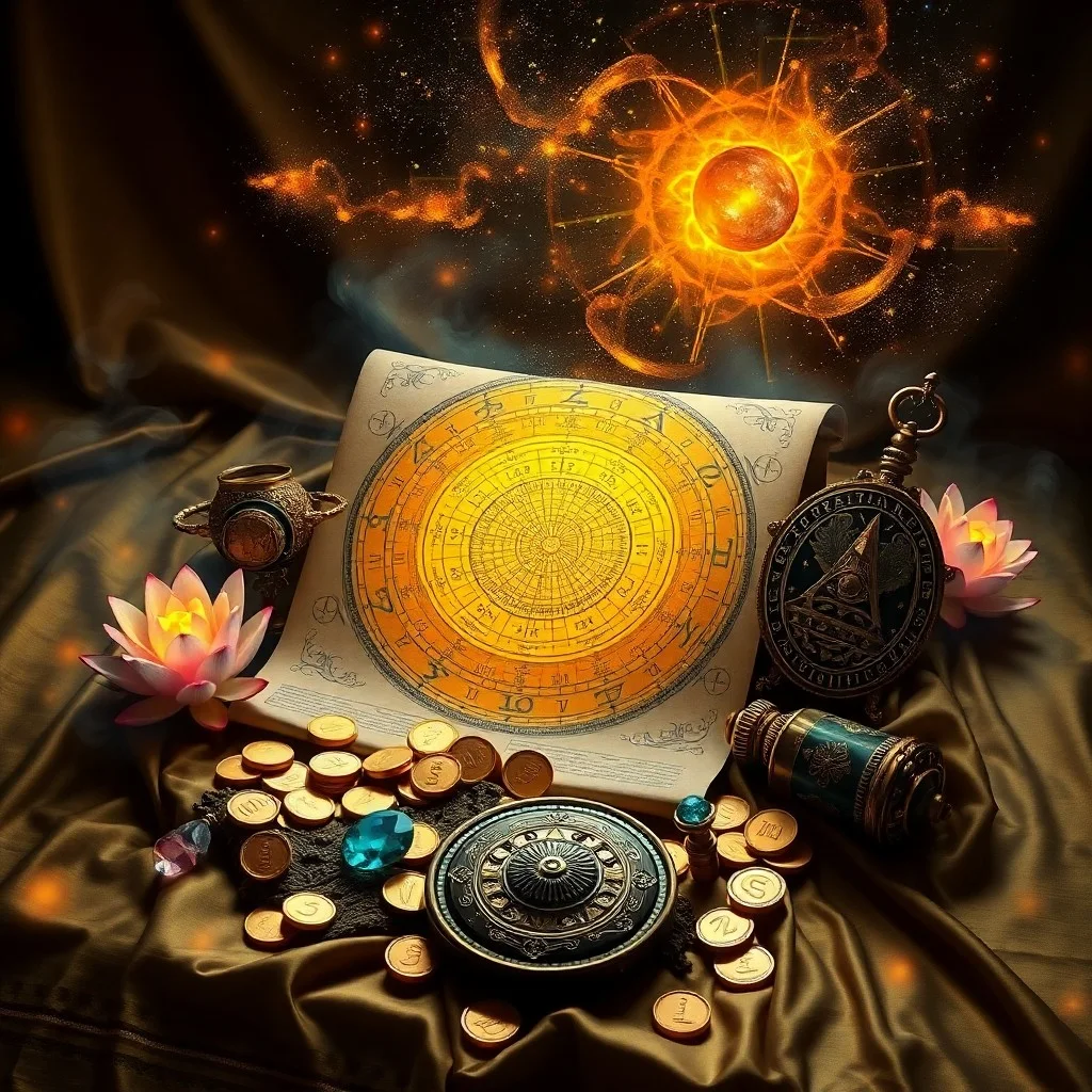Pintura conceptual de engranajes celestiales con hilos dorados
