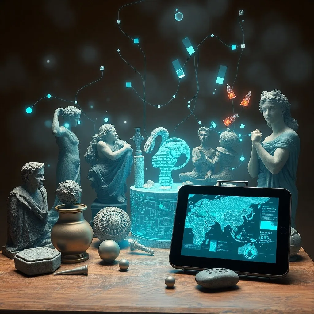 Una lupa vintage sobre un libro de historia abierto, con proyecciones digitales sutiles de figuras históricas o planos arquitectónicos superpuestos en las páginas y la superficie de la mesa, en un ambiente tenuemente iluminado.