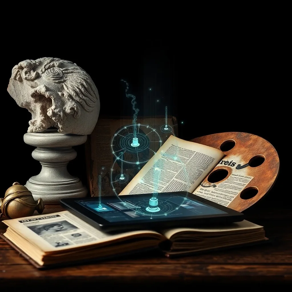 Circuitos digitales y flujos de datos brillantes entrelazados, formando la silueta de una escultura clásica, sobre un fondo oscuro y texturizado. Los circuitos representan la tecnología, mientras que la escultura simboliza el arte y la historia, fusionándose en una metáfora visual.