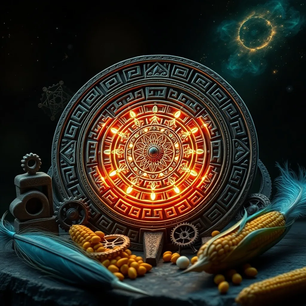 Fotografía macro de un antiguo códice maya abierto con glifos detallados y símbolos numéricos, iluminado por una luz mística, rodeado de artefactos de obsidiana y jade.