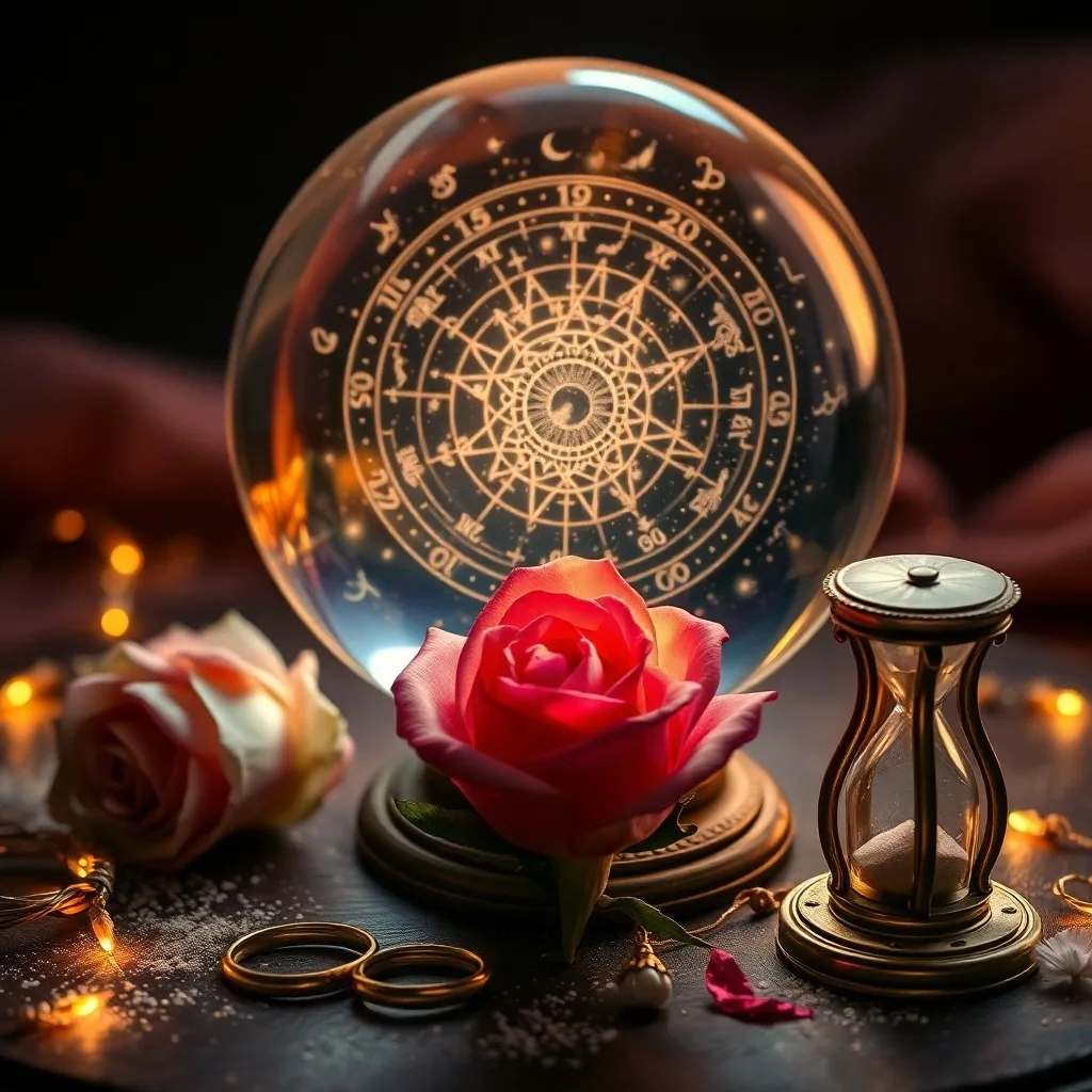 Fotografía cinematográfica de naturaleza muerta: Una brújula vintage y ornamentada apuntando hacia un símbolo de corazón estilizado, descansando sobre una carta astrológica abierta y envejecida. Iluminación suave y cálida, poca profundidad de campo.