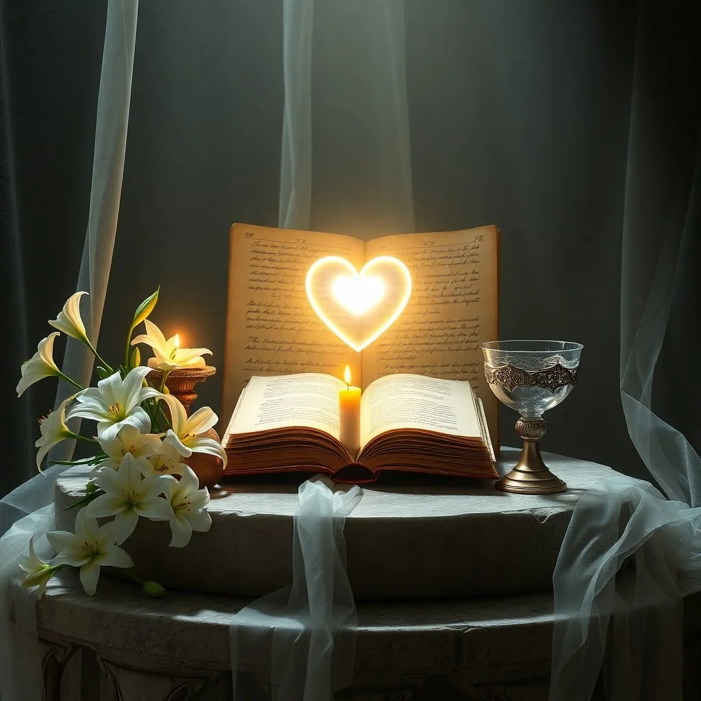 Un antiguo diario de cuero abierto con símbolos místicos y texto manuscrito, iluminado por una vela parpadeante sobre una mesa de madera rústica.
