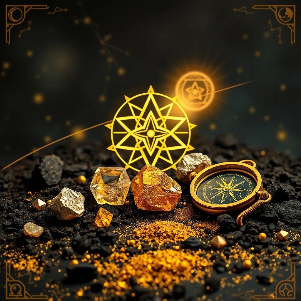 Disposición de elementos naturales como una piedra, romero, monedas de oro y helecho en una mesa de madera, simbolizando la geomancia y la prosperidad.