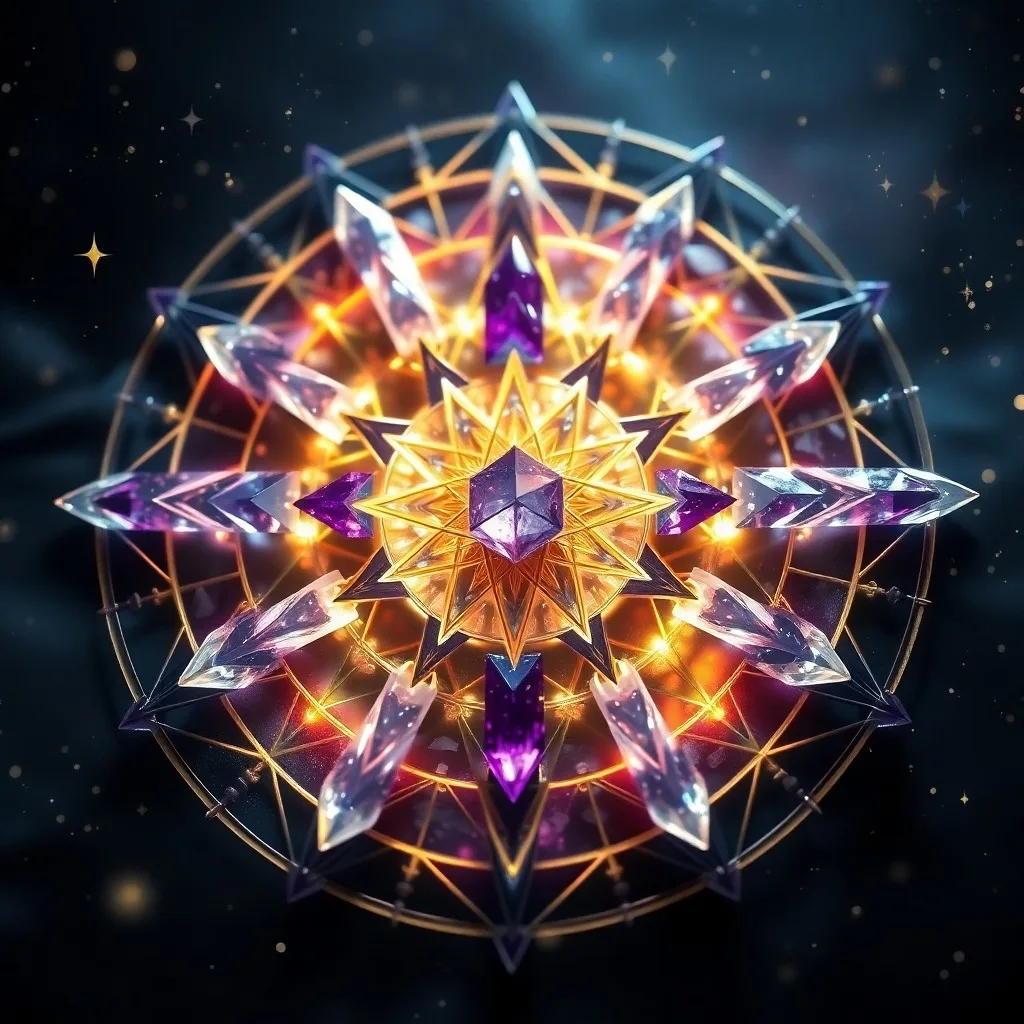 Abstract 3D digital illustration of planetary energies converging into a radiant crystal formation with cosmic dust