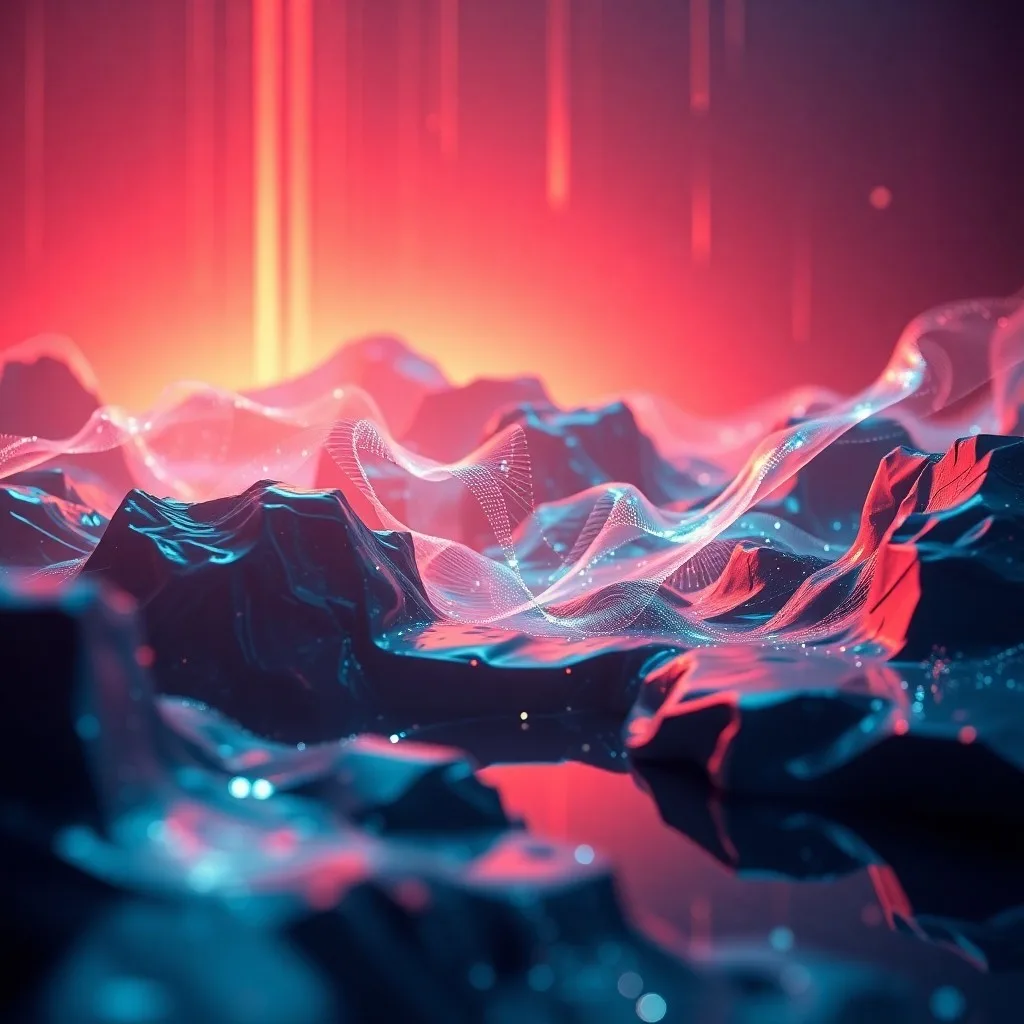 Una ilustración 3D conceptual de una figura inclinándose desafiando la gravedad, rodeada de luces abstractas y patrones geométricos, simbolizando innovación coreográfica y misterio.