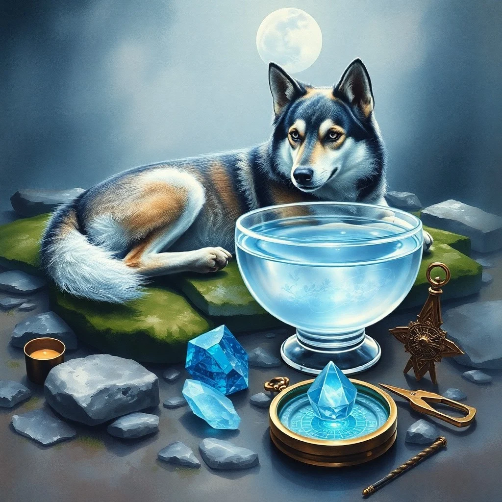 Composición minimalista de engranajes de piedra y agua entrelazados, creando patrones intrincados y reflejos sutiles en un fondo índigo.