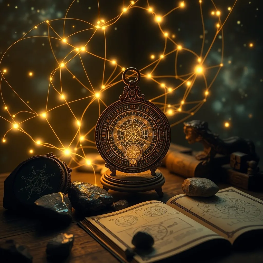 Pintura al óleo de un pergamino antiguo y desgastado que se despliega sobre una mesa de madera oscura, revelando hilos intrincados de oro y plata que simbolizan el destino y el karma, iluminado por un resplandor misterioso.