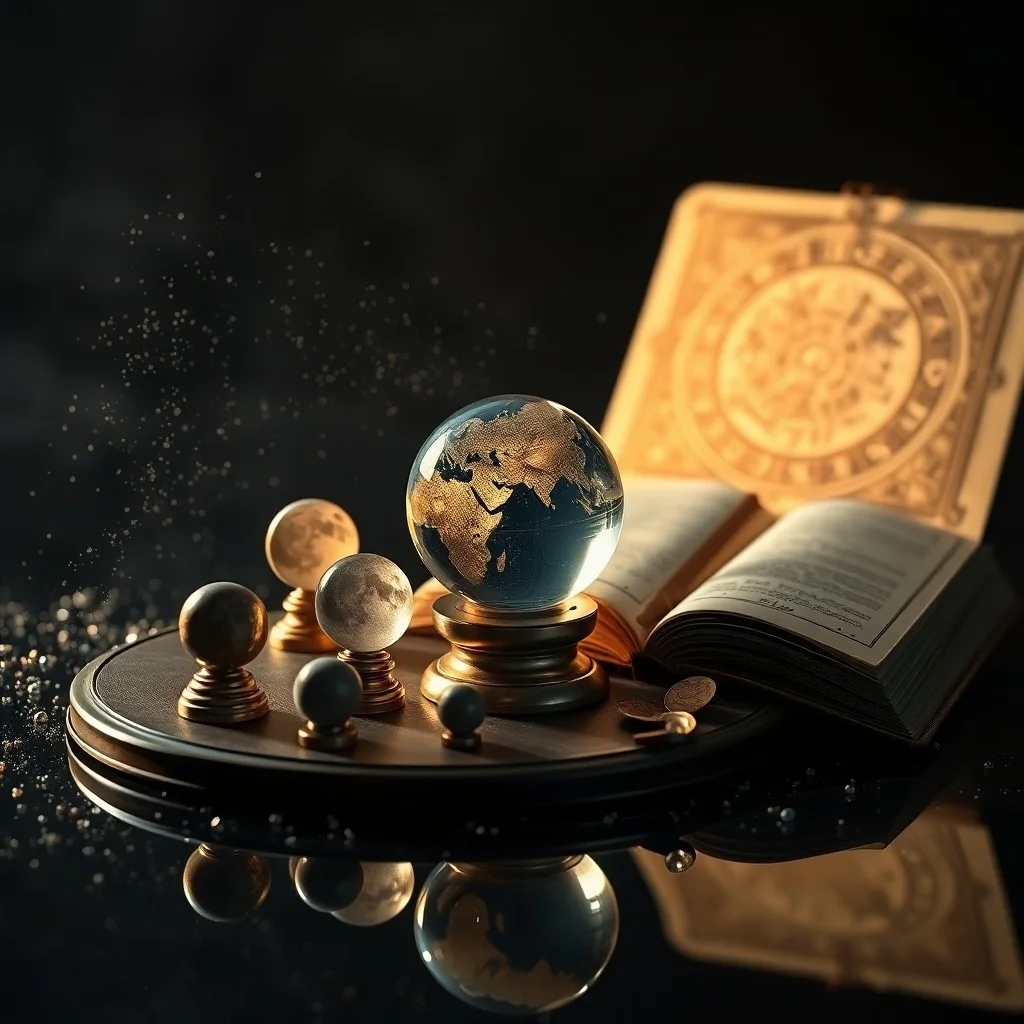 Still life of an antique brass telescope on velvet, pointing towards a window with a subtle moon diagram, surrounded by aged astrological scrolls.