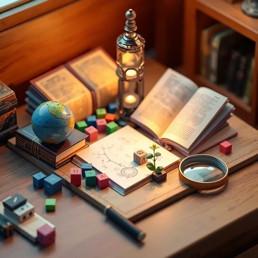 Fotografía cinematográfica de un libro de cuentos abierto y desgastado sobre un escritorio de madera, con una brújula antigua apuntando a un mapa estelar dibujado a mano y crayones esparcidos, transmitiendo curiosidad y descubrimiento.
