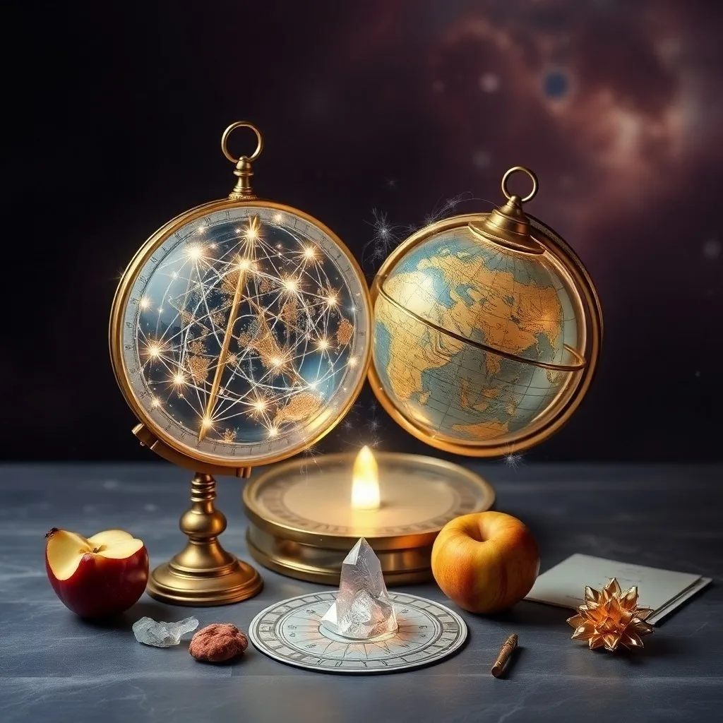 Still life of antique journals and crystal sphere for astrological insights