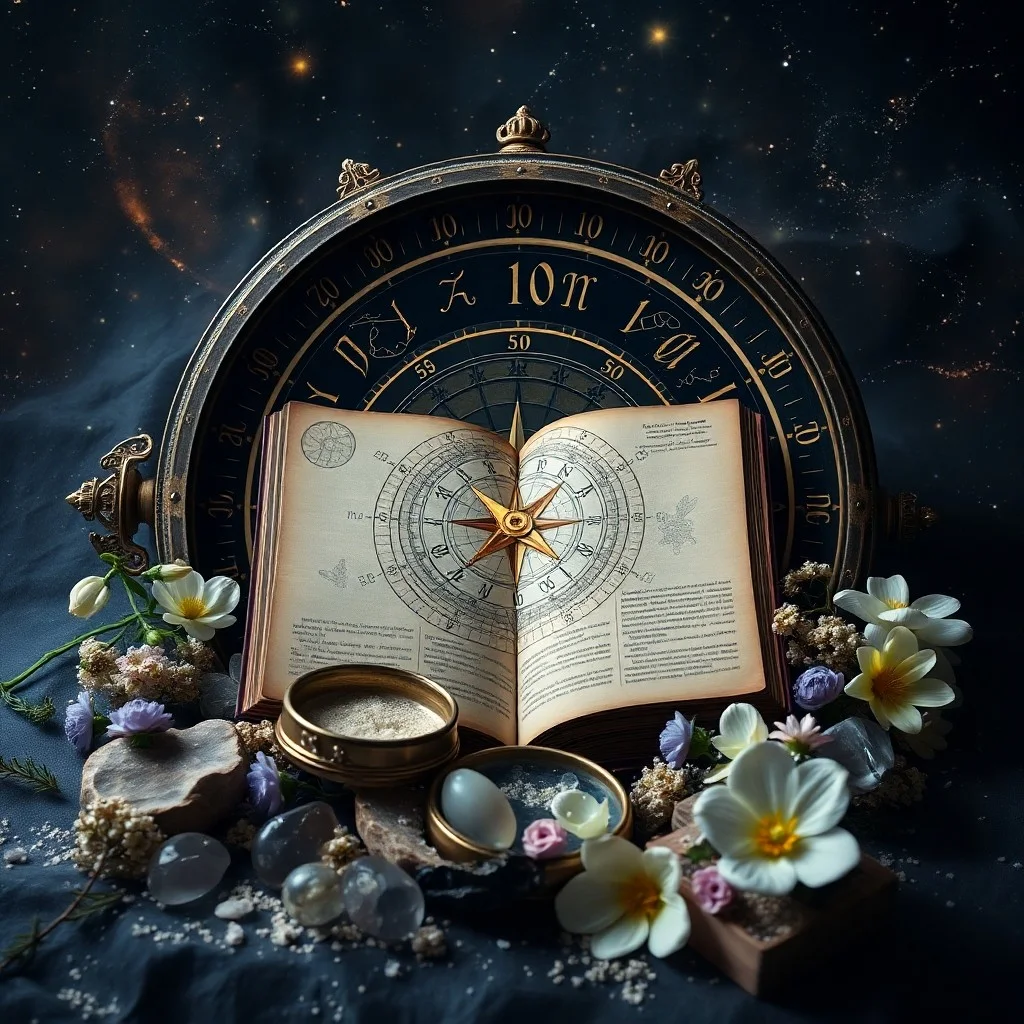 A stylized, antique-looking open astrological book on a rustic wooden desk, with faint, glowing planetary models and a quill pen beside it. The pages show intricate, hand-drawn zodiac symbols and constellations, illuminated by a soft, warm light, suggesting ancient wisdom and modern interpretation. Close-up, no human hands.