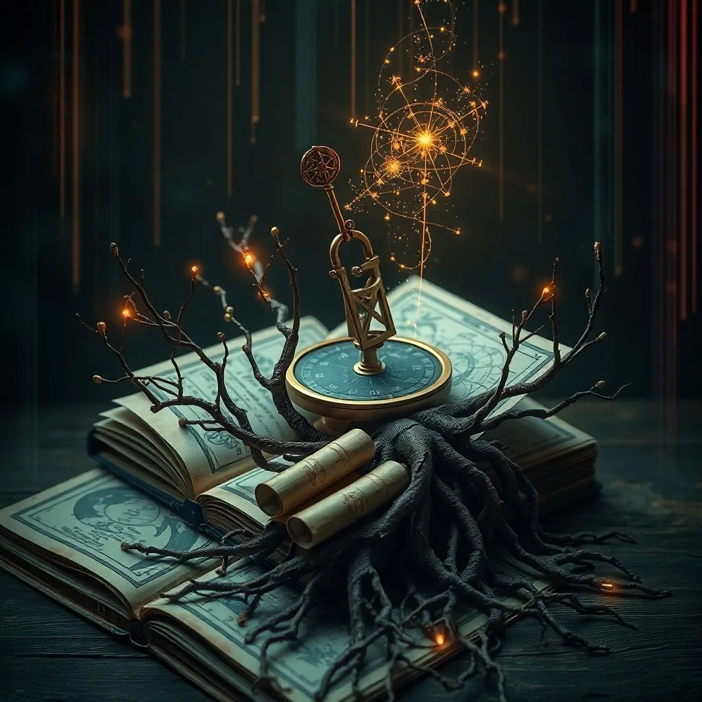 Escritorio antiguo con mapas y un diario abierto con la palabra 'Legado', iluminado etéreamente.