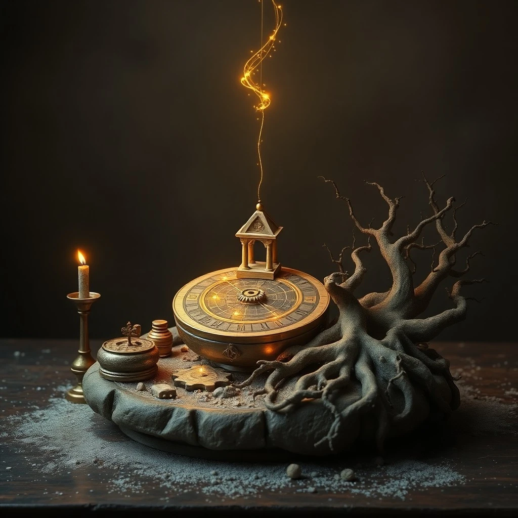 Pintura al óleo de un hogar cálido con chimenea, símbolos de confort y un objeto familiar antiguo.