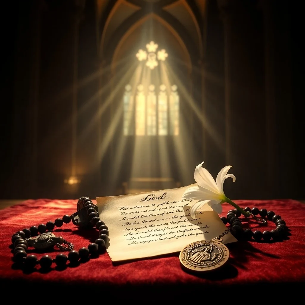 Rosario de madera, libro de oraciones antiguo y vela encendida sobre un altar de madera en una pintura al óleo.