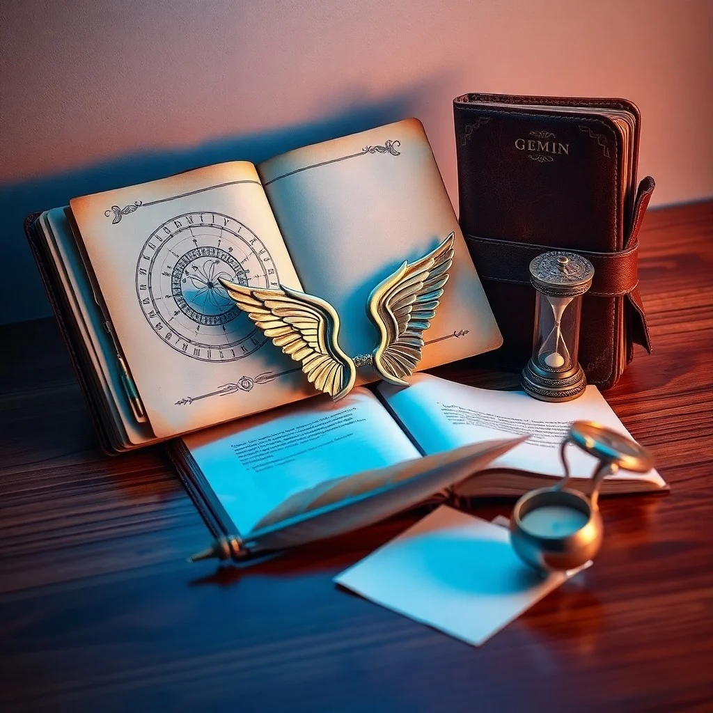3D rendered hourglass with shifting sand, surrounded by ancient open books, a quill, and a scroll, symbolizing Gemini's constant flow of ideas and intellectual curiosity.