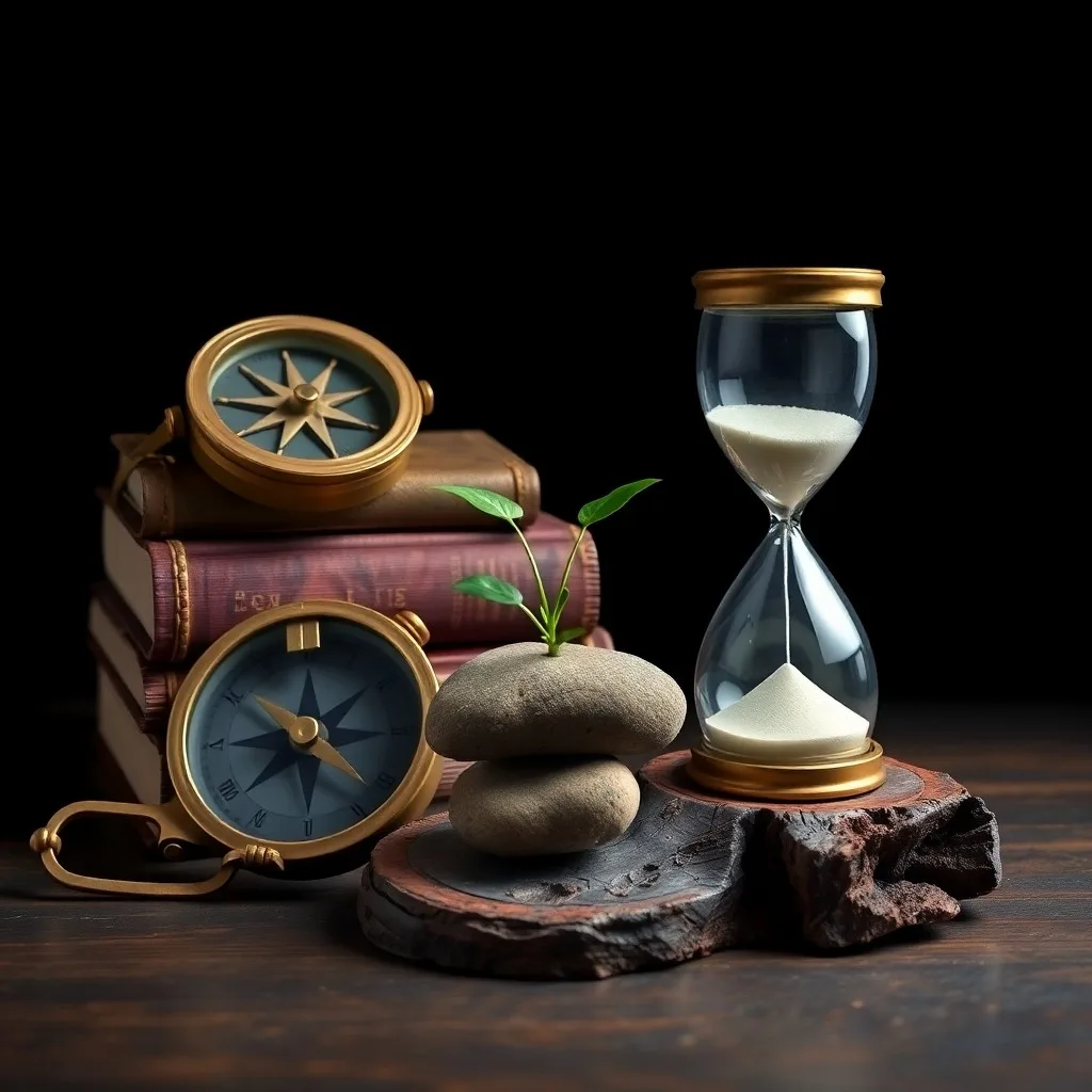 Cinematic still life of a meticulously organized antique desk. On it, a stack of leather-bound ledgers, a quill pen, a brass compass pointing north, and a single, heavy key resting on a parchment scroll.