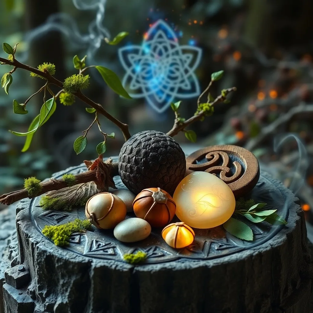 Ilustración de acuarela abstracta de los trece árboles sagrados celtas formando un patrón circular, cada árbol distinto pero armoniosamente mezclado, con colores naturales vibrantes.
