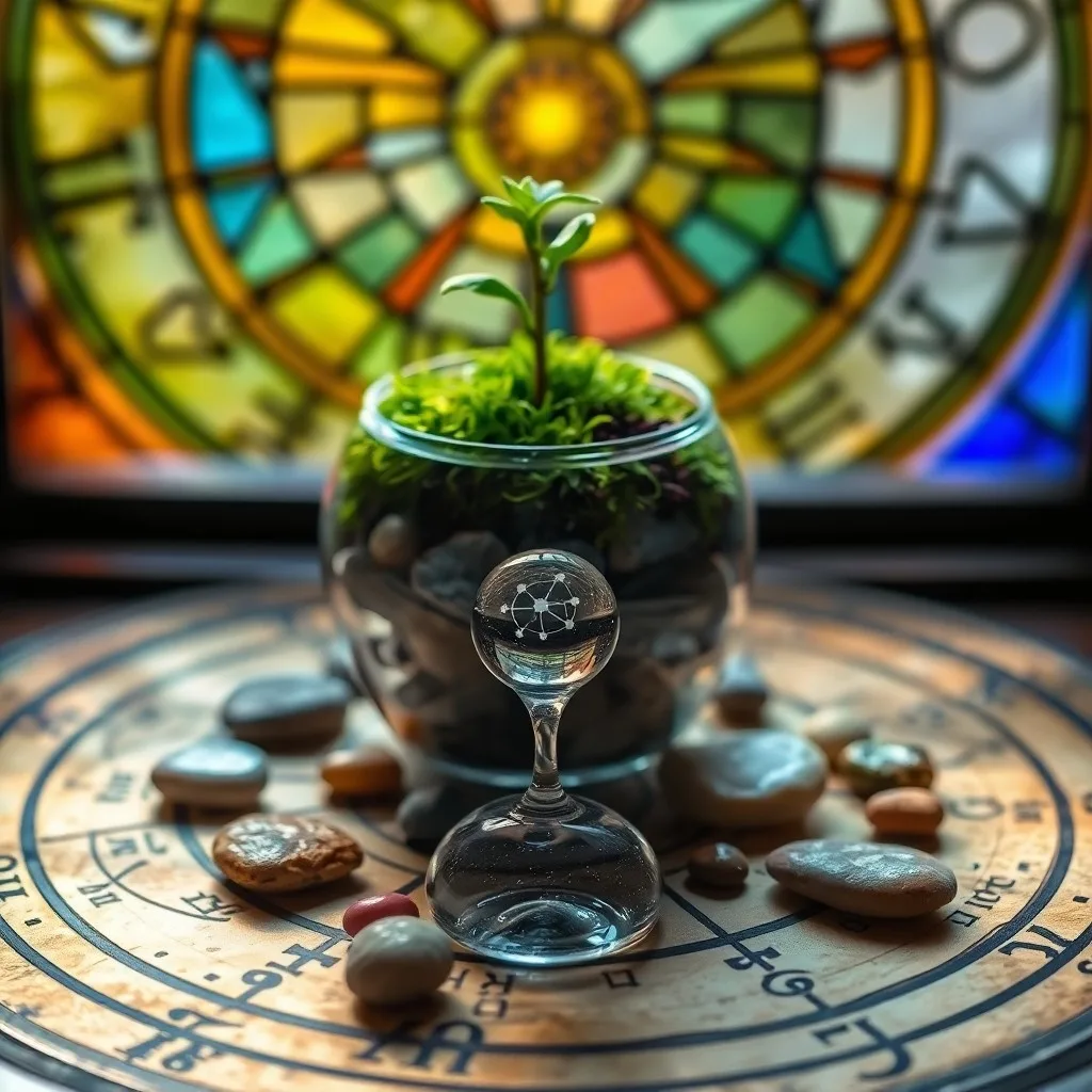 Watercolor painting of a compass on a celestial map with a green sprout
