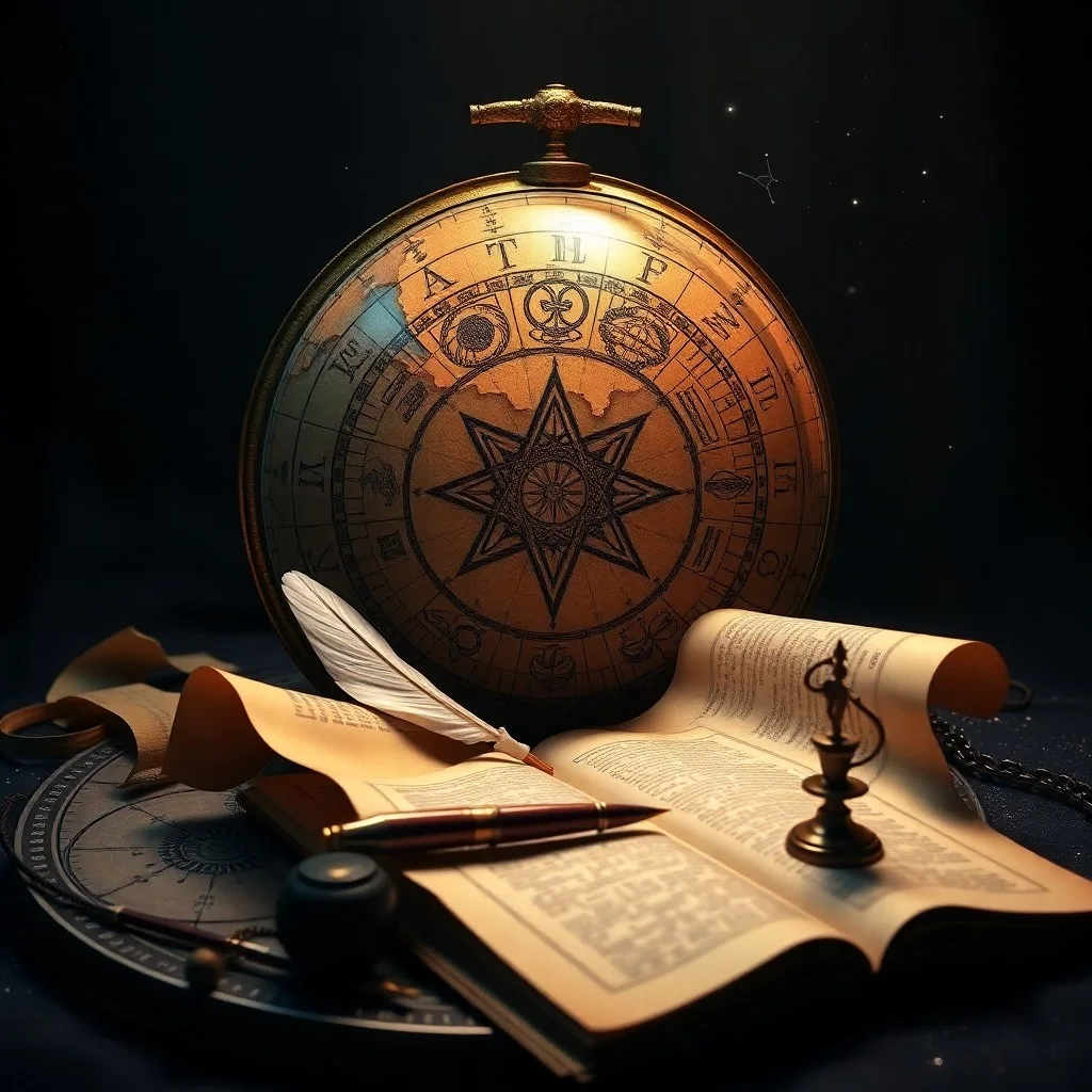 Cinematic Still Life of an antique quill pen resting on an open, leather-bound book, surrounded by scattered parchment scrolls and a small, intricate globe. Soft, warm light from a nearby window illuminates dust motes in the air. Focus on texture and detail.