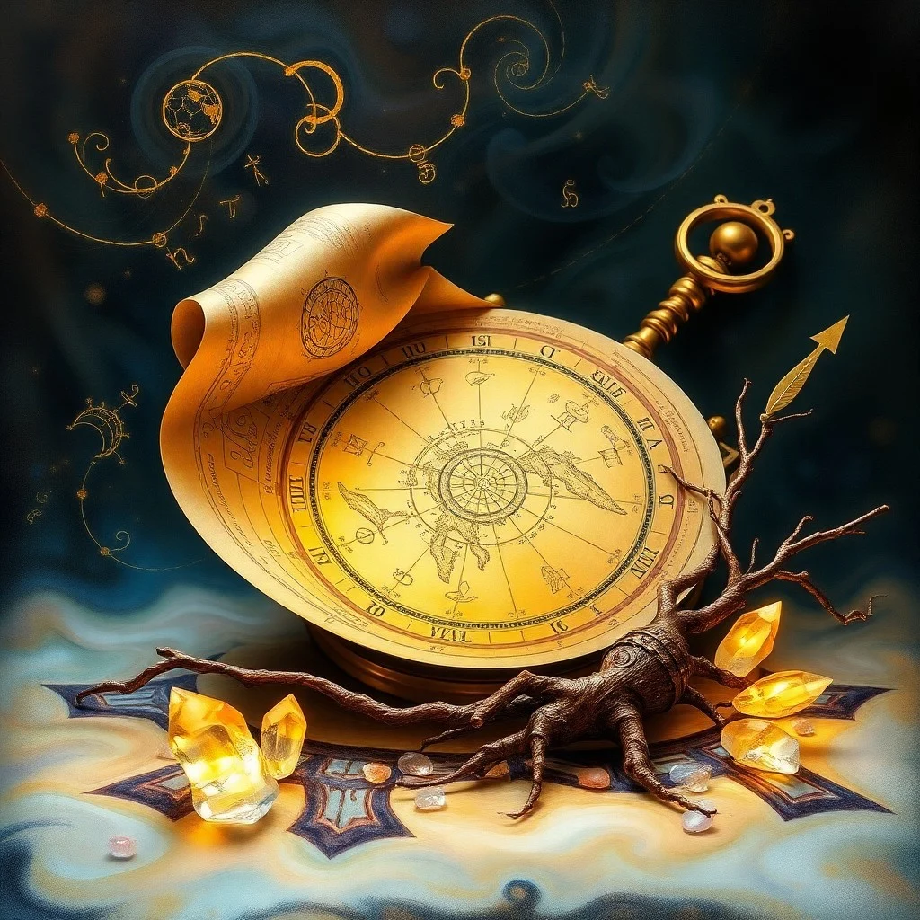 Conceptual 3D Render of an ancient compass with a needle pointing to a star, surrounded by glowing energy lines, symbolizing a fated path.