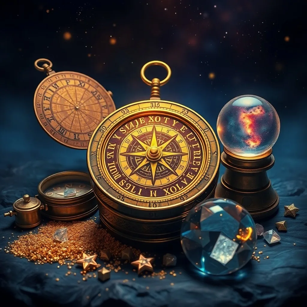 An antique wooden desk with an open astrological almanac, a quill, parchment, and a brass astrolabe, evoking ancient wisdom and the study of celestial mechanics.