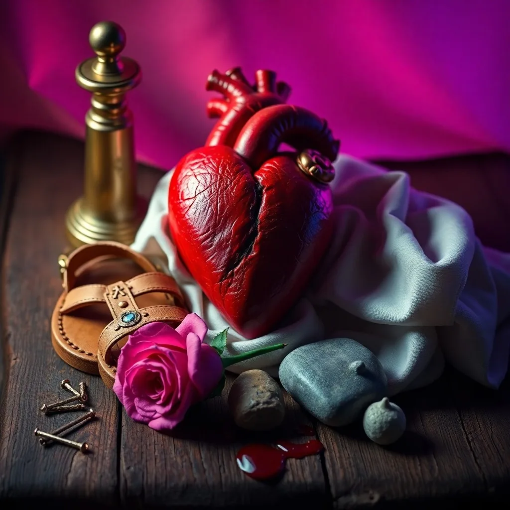 Representación digital 3D de una espada antigua y desgastada que atraviesa un corazón abstracto hecho de espinas entrelazadas. El fondo es un espacio oscuro y reflexivo con sutiles rayos de luz. Enfocado en la textura y el simbolismo del dolor y el sacrificio.