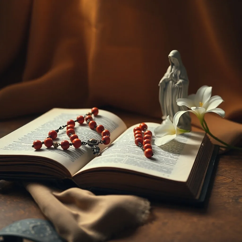 Fotografía de naturaleza muerta de un rosario antiguo de madera sobre una Biblia familiar abierta y envejecida, con lavanda seca y una vela parpadeante, enfoque suave y tonos sepia cálidos, evocando paz y tradición.