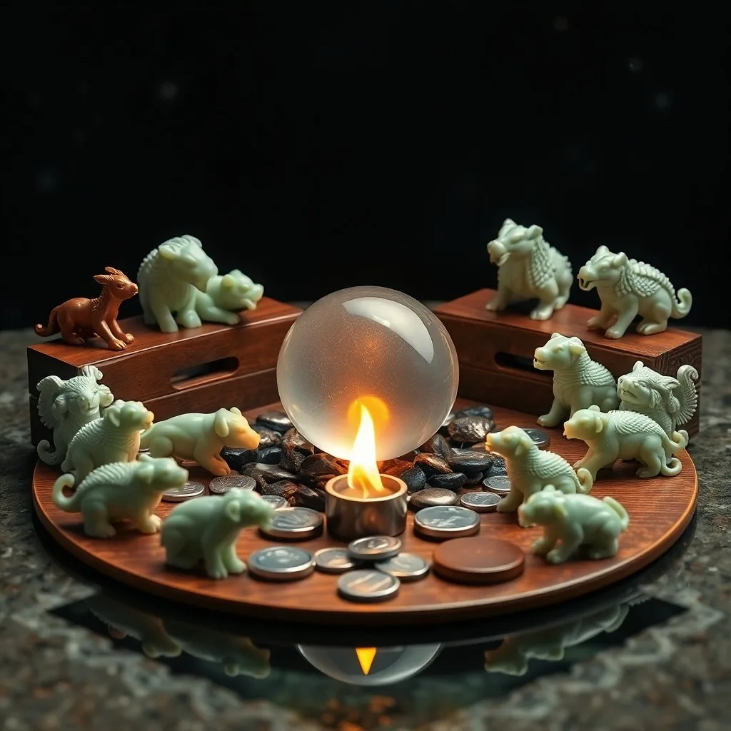 Cinematic still life of an antique abacus on a scroll with zodiac animals, surrounded by elemental symbols.
