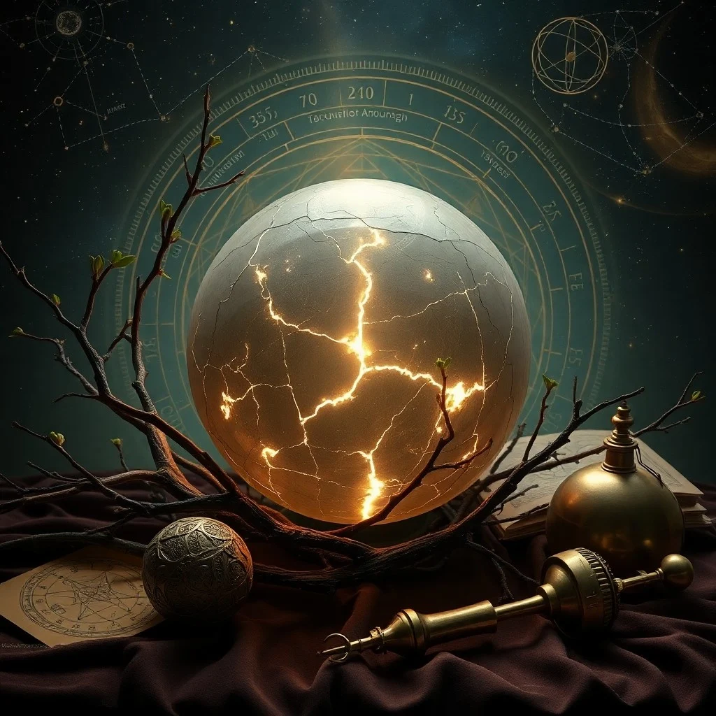 Fotografía cinematográfica de un astrolabio antiguo sobre un escritorio de madera oscura, rodeado de pergaminos astrológicos y una vela encendida, evocando un ambiente de estudio y misterio.