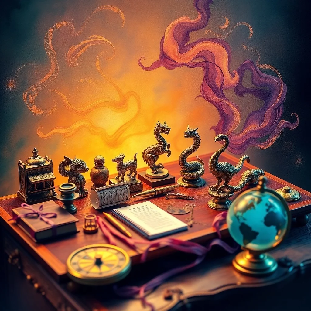 A vintage desk with parchment scrolls displaying abstract traits like 'Innovation' and 'Leadership', illuminated by a focused light beam.