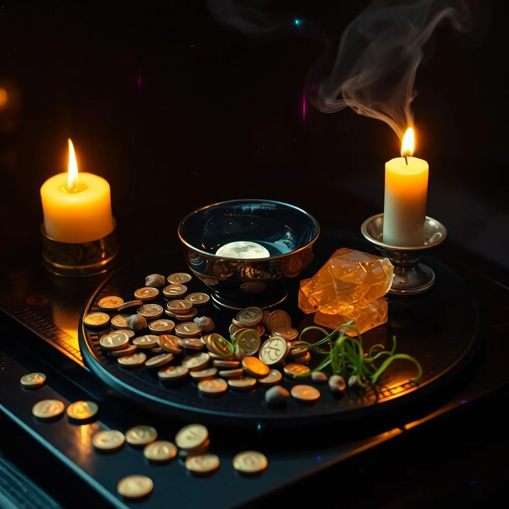 Altar con vela blanca, sal marina, hojas de laurel y cristal de aventurina bajo luz de luna.
