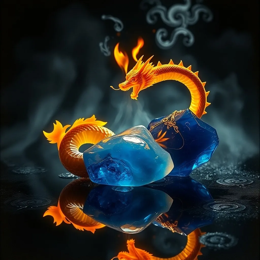 Intricate, glowing golden dragon scale partially submerged in a pool of dark, reflective water, with subtle ripples.