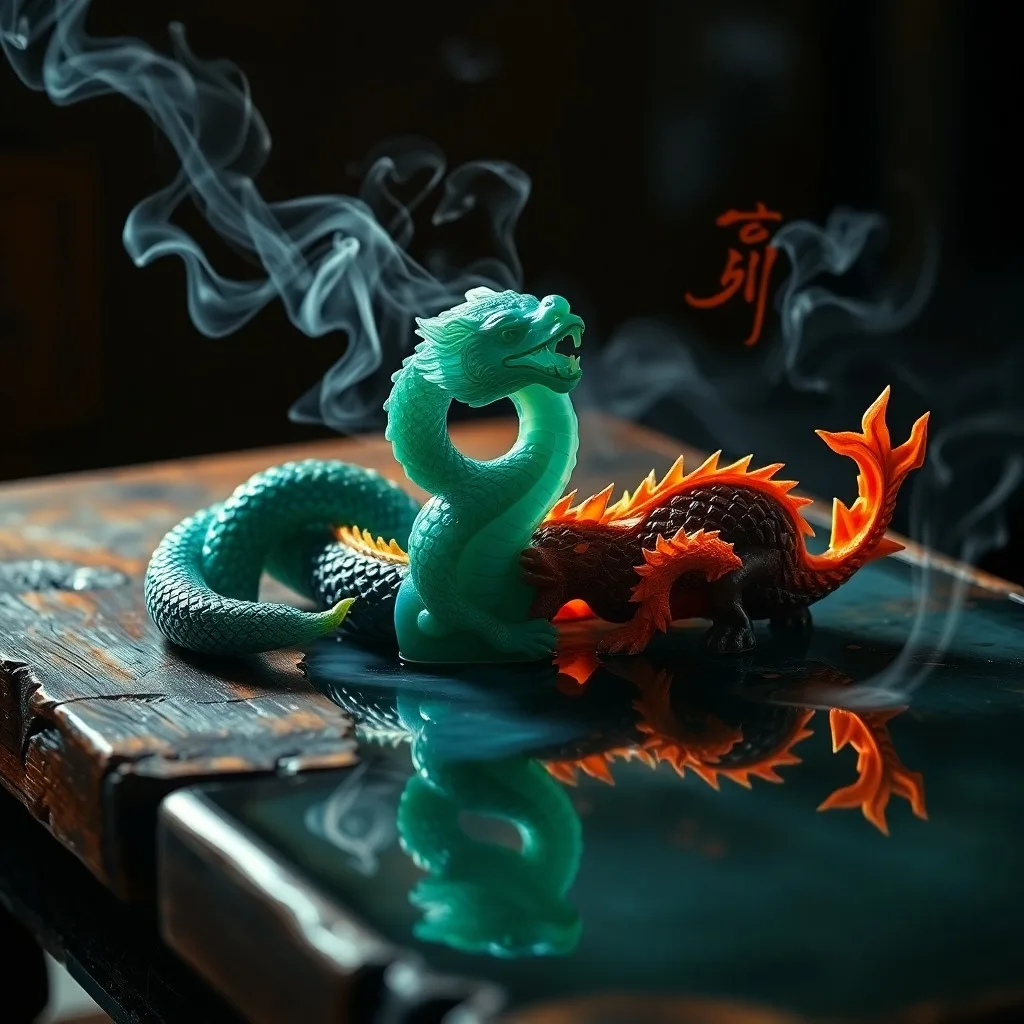 Delicate, translucent snake skin shedding its old layer, shimmering with iridescent blues and greens, with a faint, warm glow reminiscent of embers emanating from beneath.
