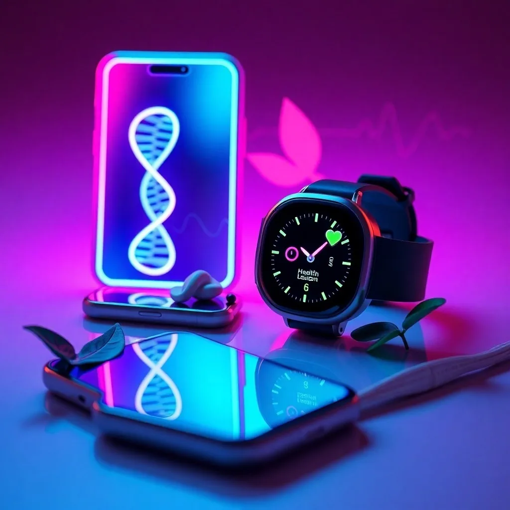 Smartwatch y smartphone con app de salud, junto a zapatillas de correr en un escritorio.