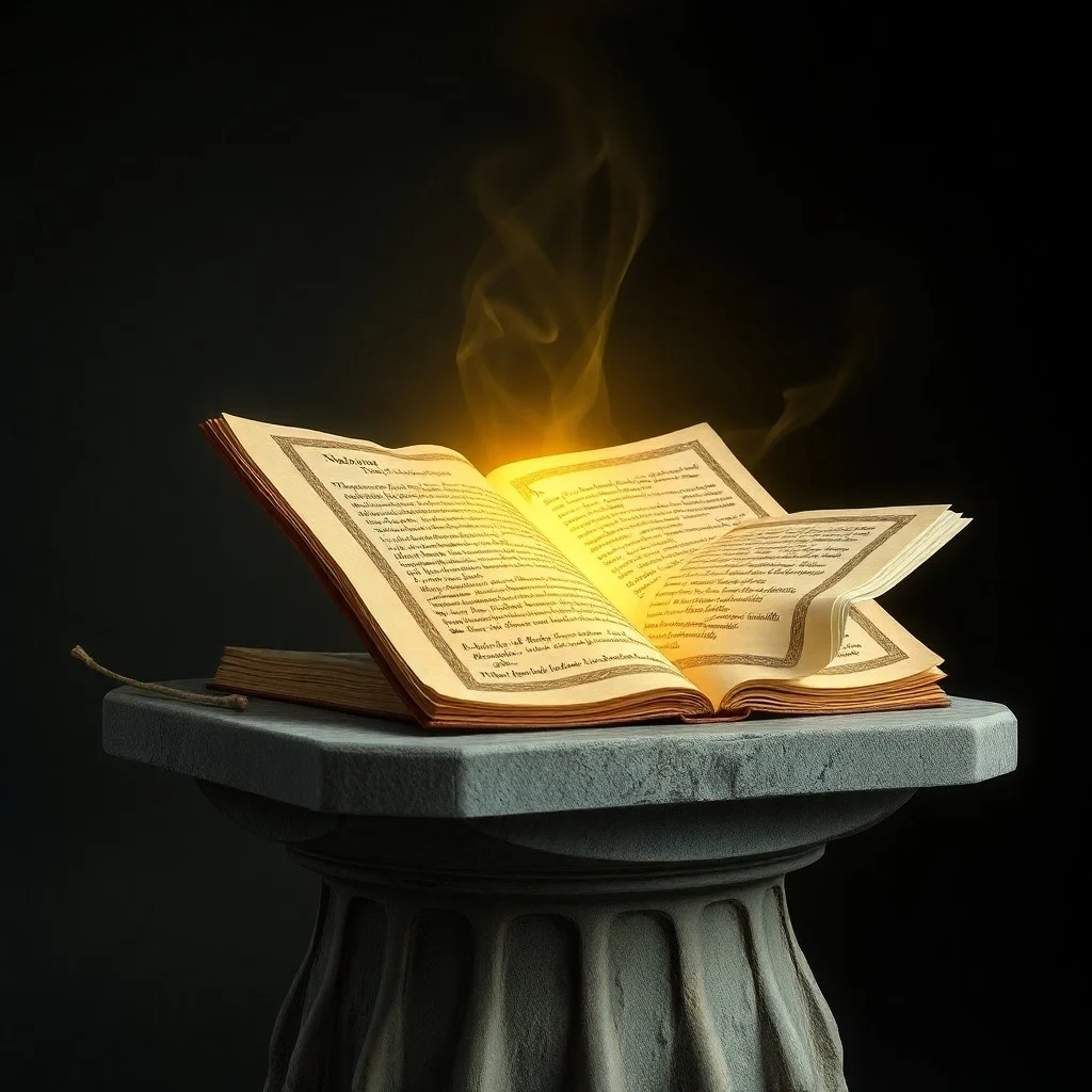 Libro antiguo abierto con símbolos crípticos, astrolabio y pluma de ganso sobre mesa de madera oscura.