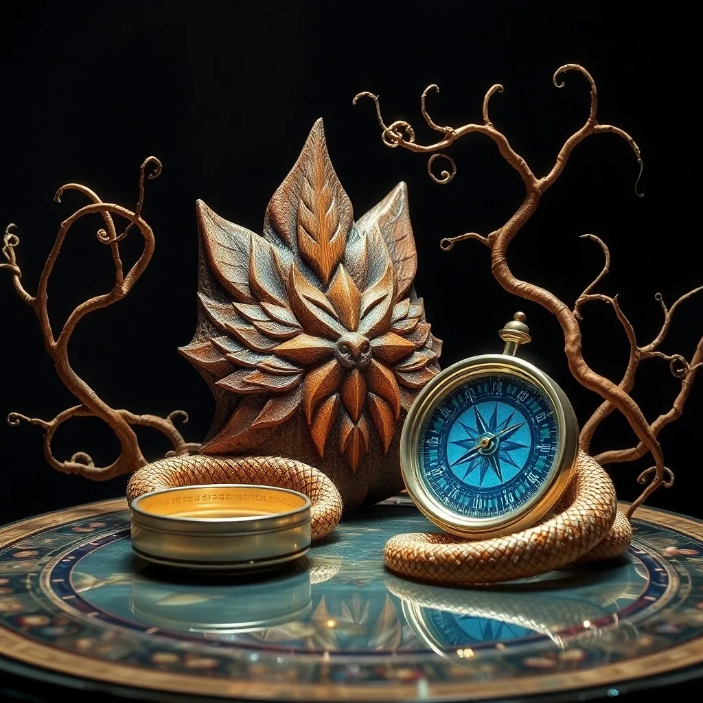 An ancient, intricately carved wooden abacus resting on a weathered scroll depicting abstract financial charts and subtle serpentine motifs, illuminated by a soft, ethereal glow.