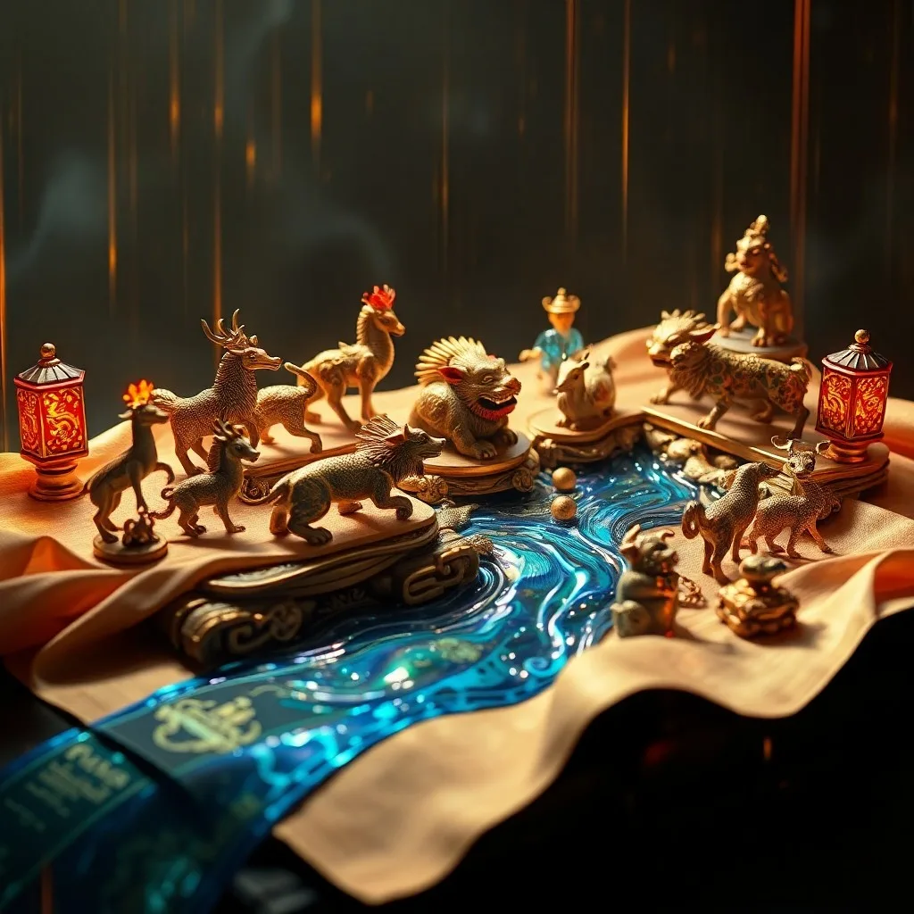 Intricate 3D render of an antique Chinese scroll unrolling, revealing abstract glowing elemental symbols intertwined with translucent outlines of zodiac animals, resting on a dark wooden table.