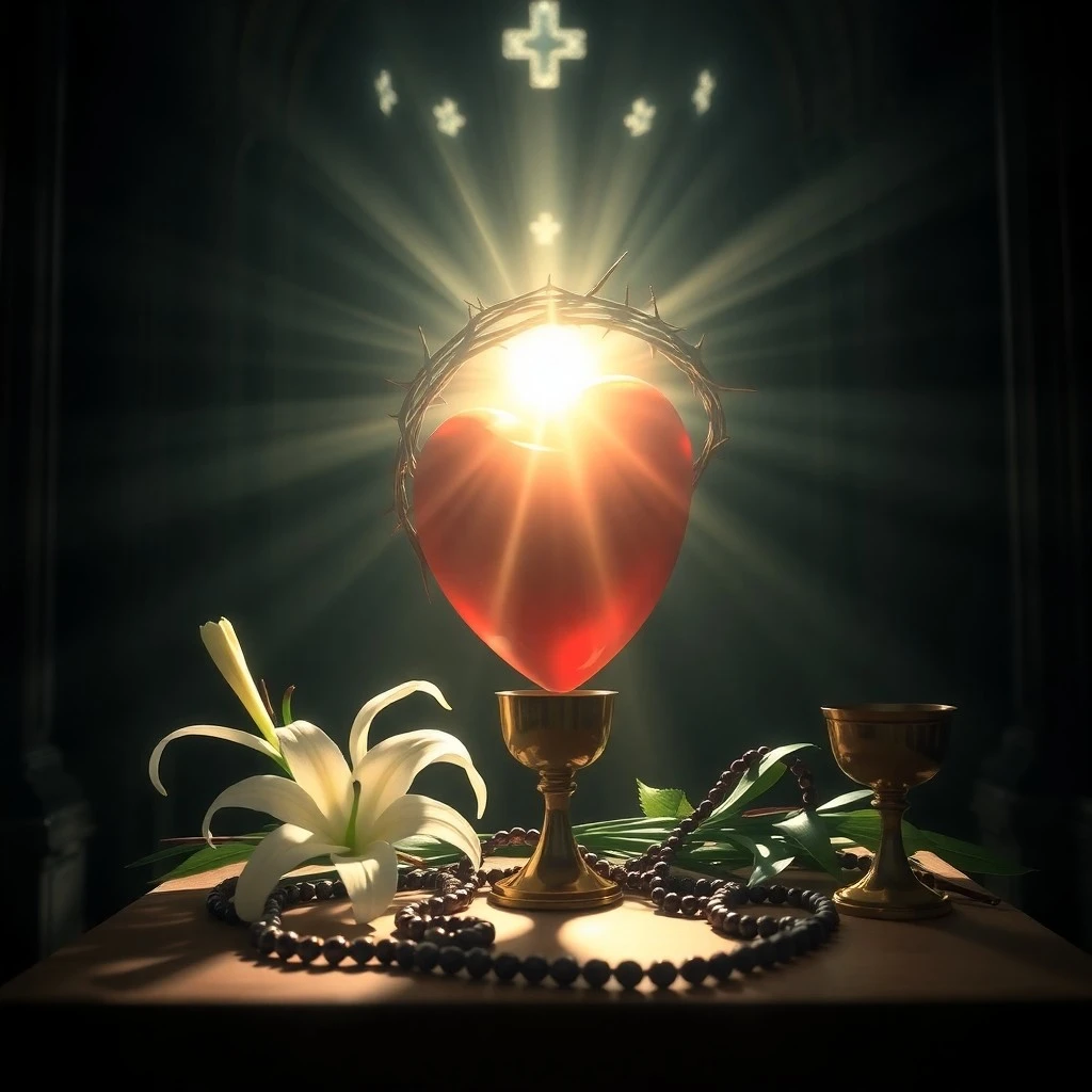Fotografía de un rosario antiguo sobre una Biblia, iluminado por una vela, simbolizando la devoción y el sacrificio en la reparación
