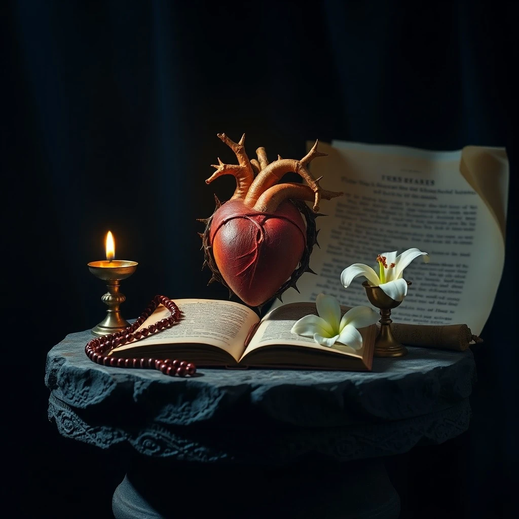 Arte conceptual 3D de manos entrelazadas, una humana y otra divina, alcanzando un corazón radiante, simbolizando la conexión espiritual y la reparación
