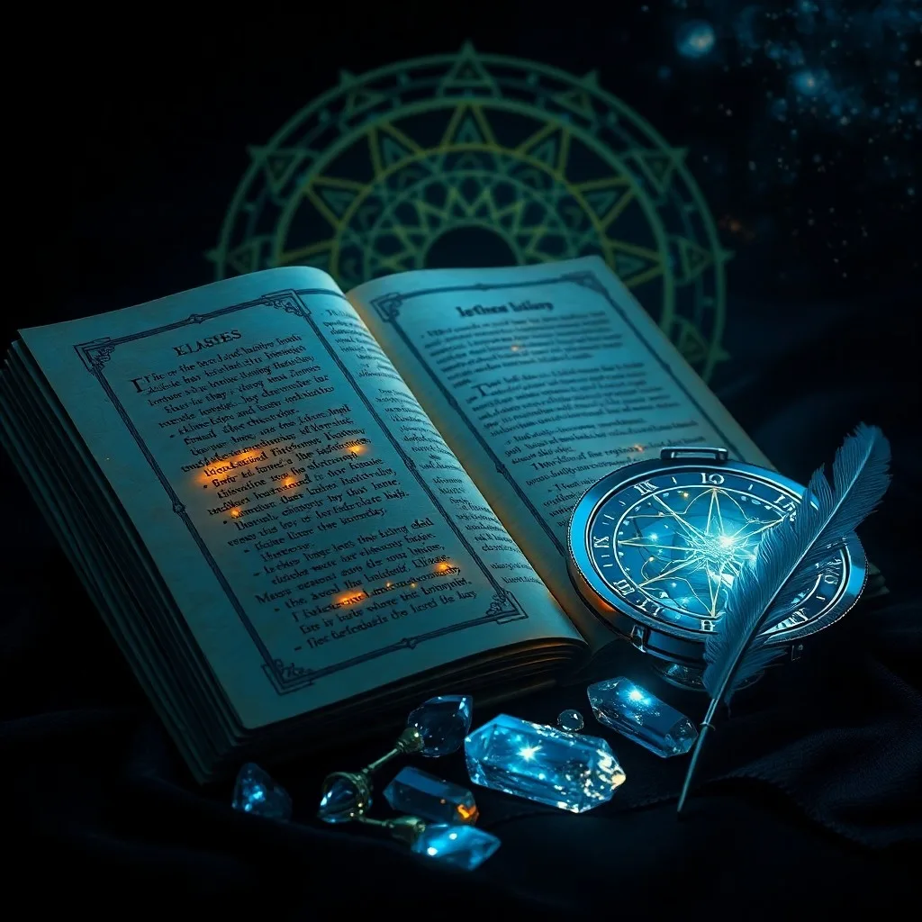Bodegón cinematográfico de un libro antiguo 'Nombres y Destino' sobre un escritorio de madera, rodeado de dados numéricos, una pluma y un astrolabio, iluminado por luz cálida.