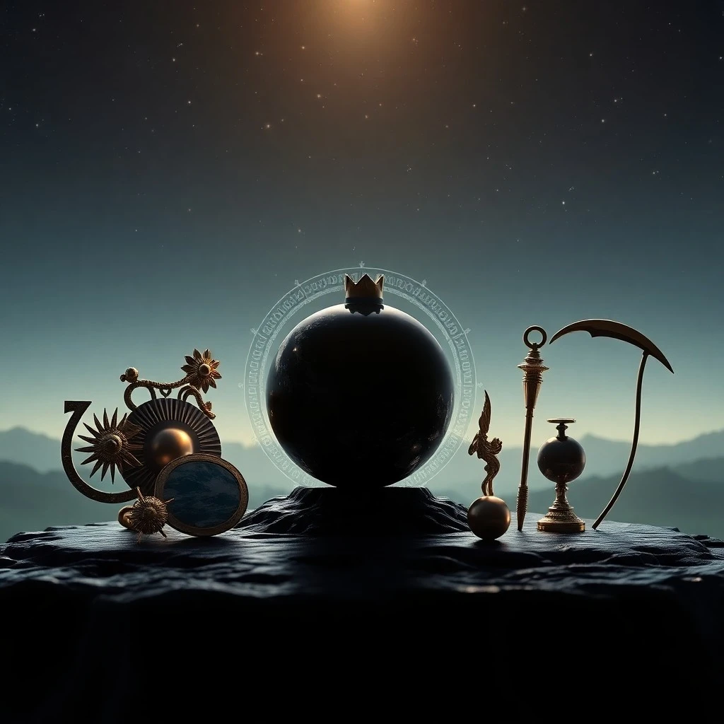 Arte conceptual de un pergamino de papiro desgastado con símbolos zodiacales y glifos planetarios, rodeado de fragmentos de cerámica griega antigua y coronas de laurel. Iluminado por un rayo de luz.
