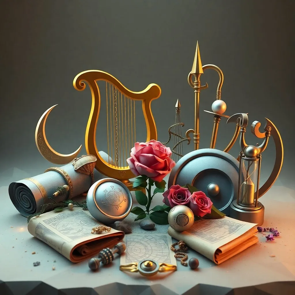 Pintura al óleo de una colección de instrumentos astronómicos antiguos (astrolabio, esfera armilar, brújula) sobre una mesa de madera oscura, con un reflejo sutil del Monte Olimpo en el fondo. Colores ricos y profundos, iluminación de claroscuro.