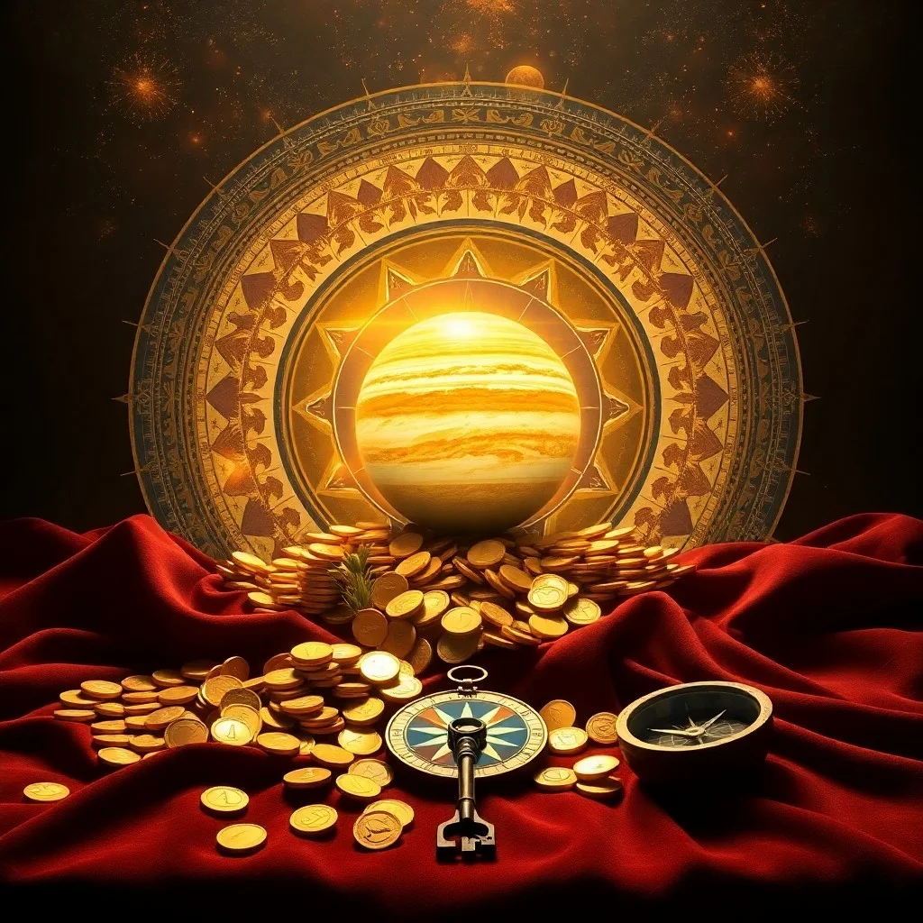 Bodegón de un libro antiguo de astrología abierto, rodeado de monedas de oro y una lupa, simbolizando la sabiduría y la abundancia que Júpiter puede traer.