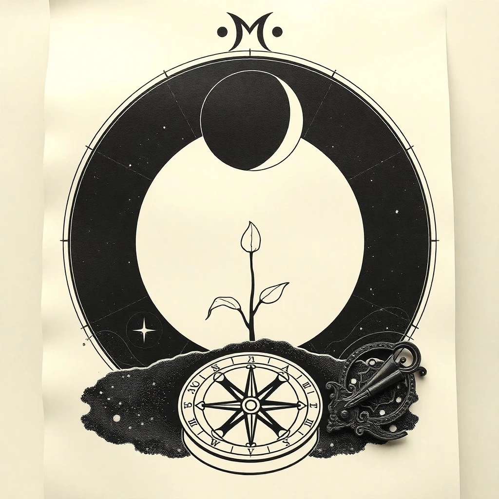 Pintura de acuarela de una flor de loto floreciendo en aguas cósmicas, iluminada por una luna creciente, simbolizando el renacimiento.