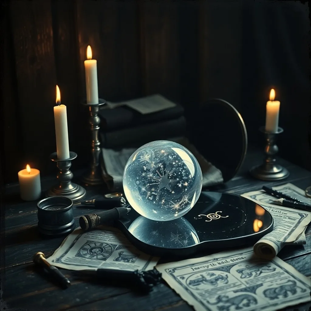 An antique silver bowl filled with dark water, an old book, and a flickering candle on a wooden table, lit by dramatic candlelight.