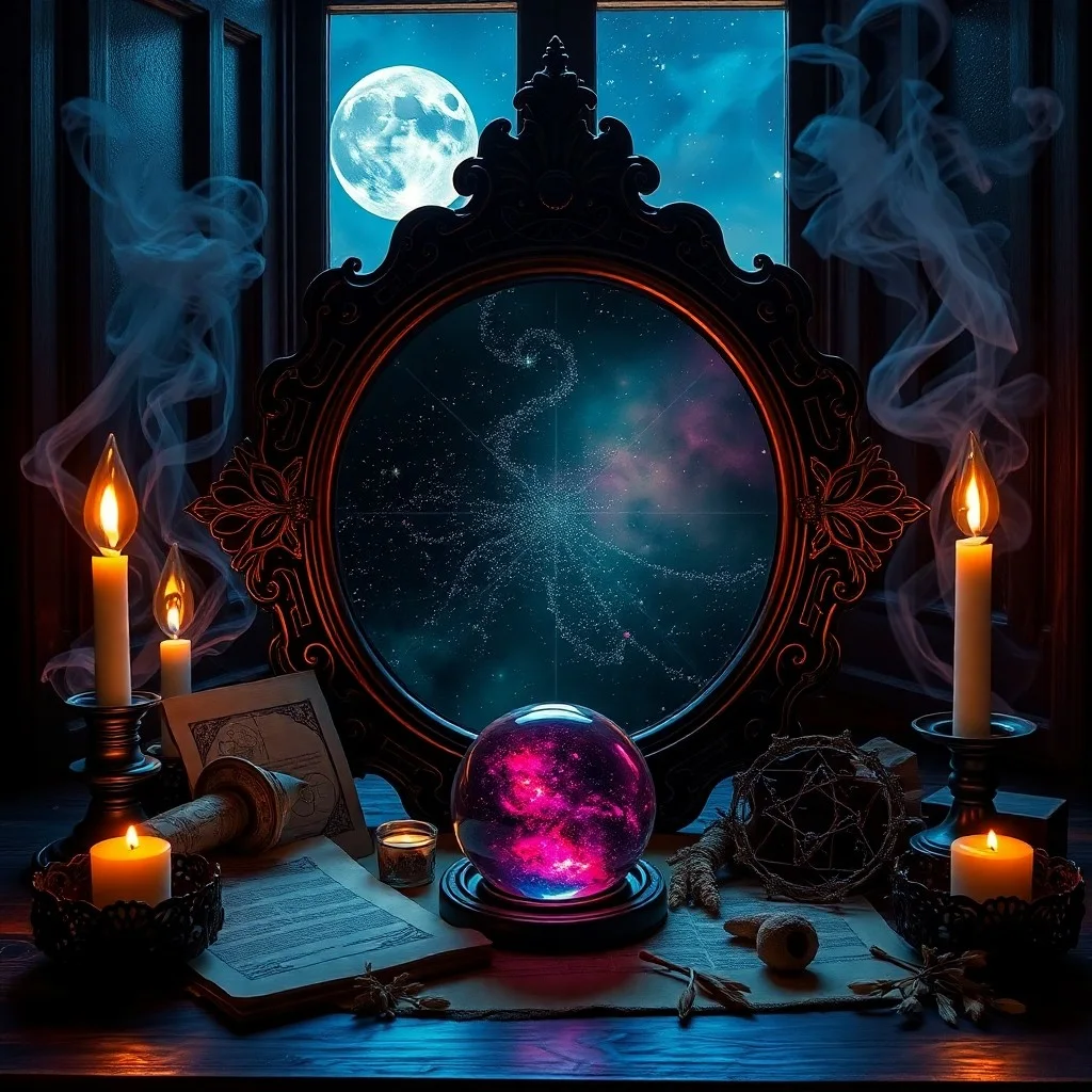 A dark, polished obsidian mirror reflecting abstract, swirling patterns of light and shadow with a subtle smoky effect.