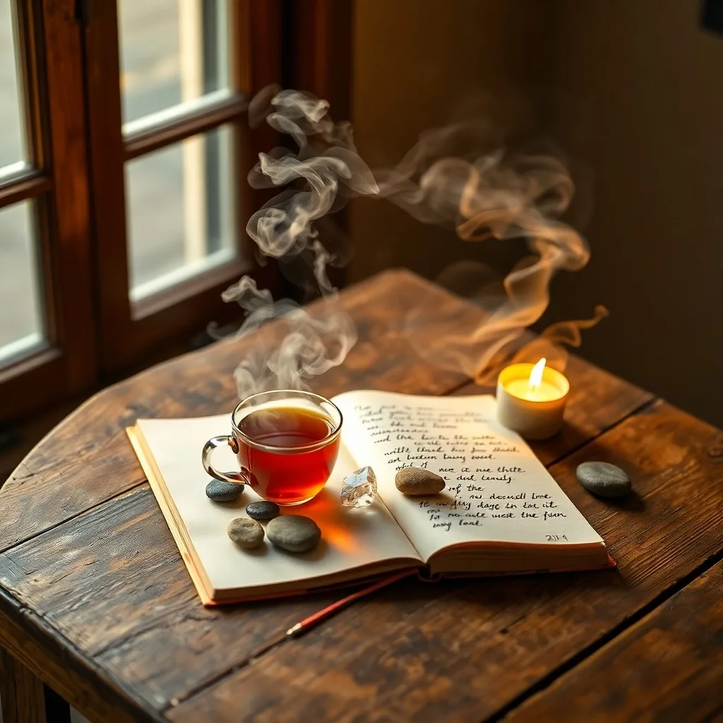 A serene watercolor painting of a sunlit kitchen counter with tea, an open journal, and lavender.