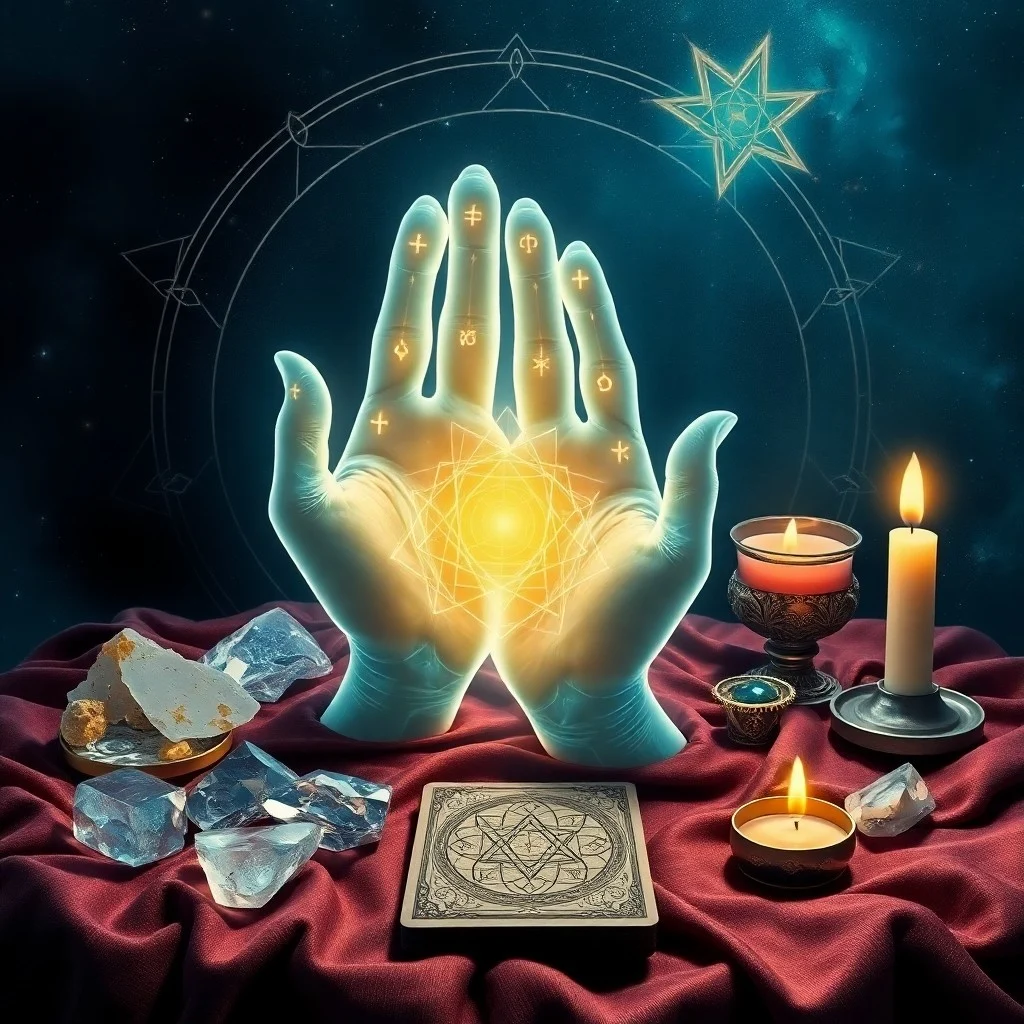 A vintage leather-bound palmistry book open to a detailed hand diagram, surrounded by antique tools and a flickering candle.