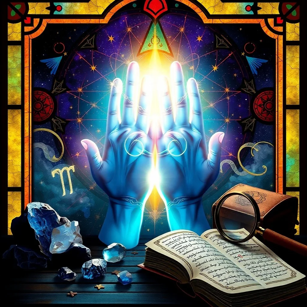 An abstract watercolor painting depicting interconnected lines and mounts on a stylized hand outline with cosmic colors.